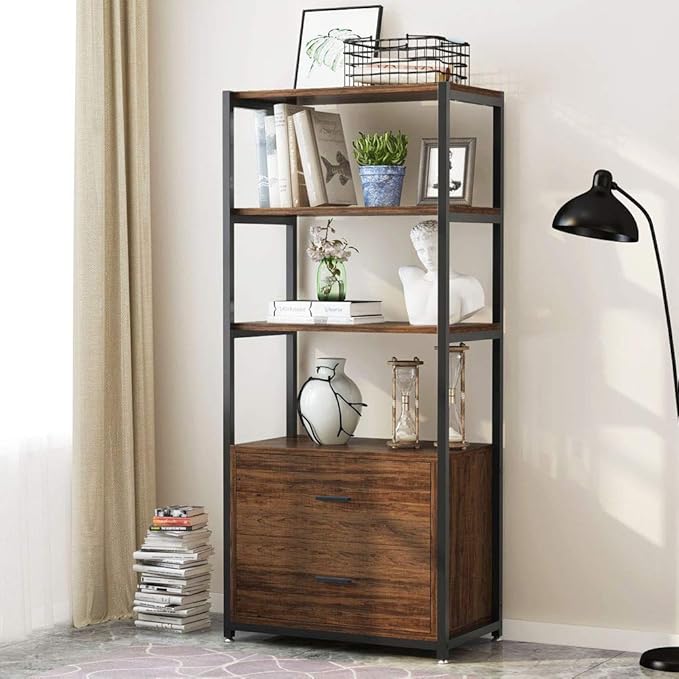Tribesigns Bookcase, 4-Tier Rustic Bookshelf with 2 Drawers, Etagere Standard Book Shelves Display Shelf for Home Office