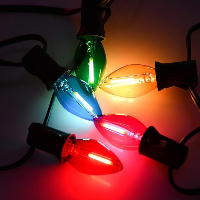 C7 Christmas Lights Multicolor 25Ft Outdoor Patio String Light with 27 LED Clear Multicolor Bulbs, Vintage Christmas Lights for Outdoor Roofline Xmas Garden Wedding Party Decorations- Green Wire