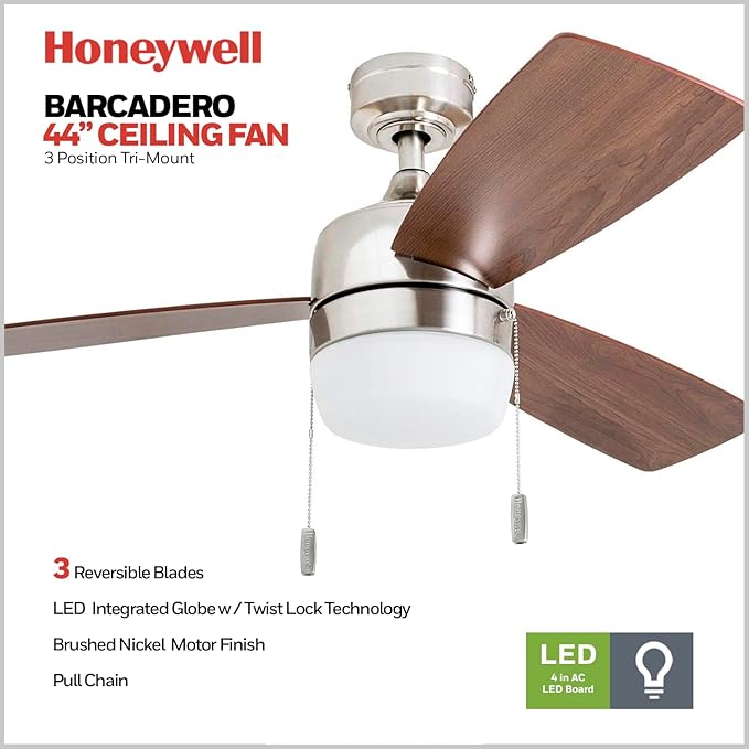 Honeywell Ceiling Fans Barcadero Modern 44 Inch Ceiling Fan with Light, Pull Chain LED Indoor Fan with 3 Blades, Maple and Brown Maple Blade Finish Options, Brushed Nickel (50616-01)