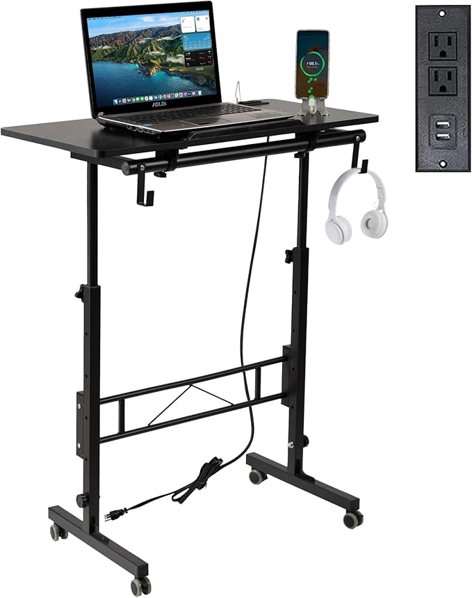 SIDUCAL Standing Desk Height Adjustable with Tiltable Tabletop, Rolling Laptop Desk with Charging Station, Sit Stand Portable Stand Up Desk with Wheels, Black
