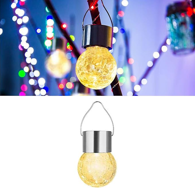 Hanging Solar Powered Warm White LED Light, Cracked Glass Ball Light, Waterproof Outdoor Christmas Decorative Lantern for Garden, Yard, Patio, Lawn (Single Color, 1)