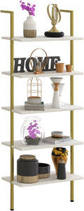 5 Tiers Ladder Shelf White Marble Modern Bookshelf Open Tall Wall Mount Bookcase Standing Leaning Wall Shelves Industrial Decorative