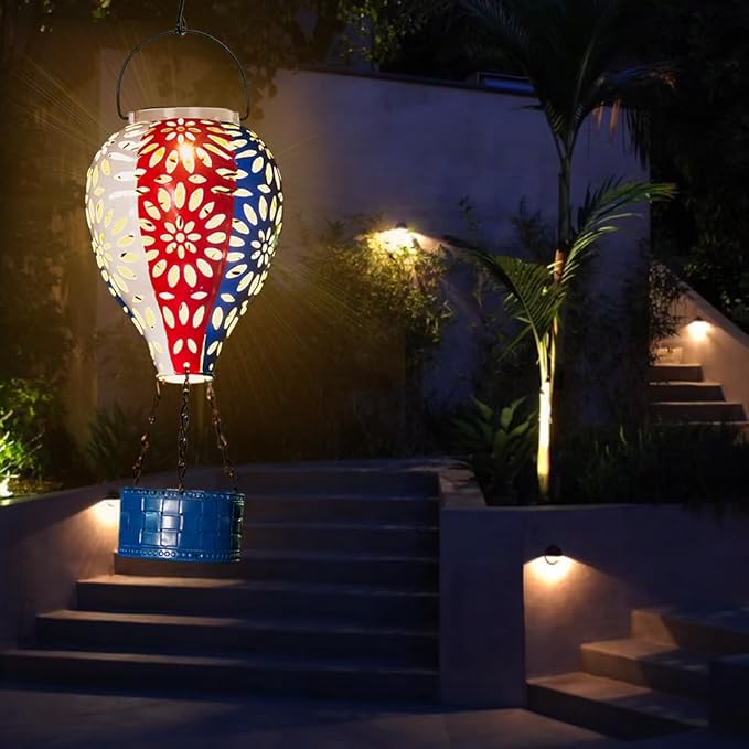Solar Hot Air Balloon Lantern,Hanging Lantern Outdoor Waterproof Decorative Metal LED Solar Lights for Trees Patio Garden Yard Porch Decor, Flag