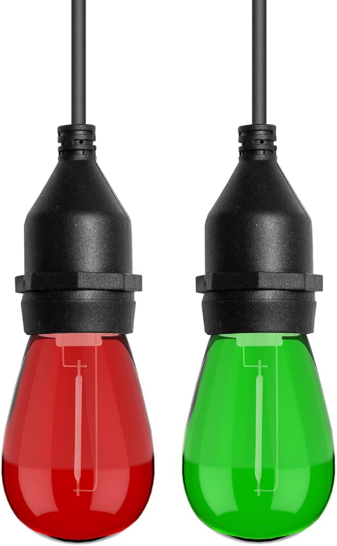 Red Green S14 Christmas Light Bulbs, 1 Watt Plastic Shatterproof LED Replacement Bulbs for Indoor Outdoor Patio String Light, E26 Medium Base, 15 Pack