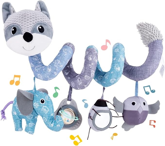 Koty Car Seat Toys, Infant Baby Spiral Plush Activity Hanging Toy for Stroller Bar Pram Crib with Music Box BB Squeaker & Rattles(Gray Fox)