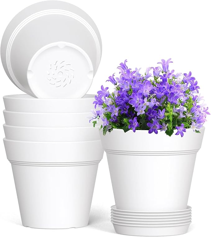 7 Inch Thick Plastic Plant Pots with Drainage Holes and Trays – 6 Pack Nursery Pots for Indoor & Outdoor House Plants, Seedling Starter Planters for Garden Flowers, White