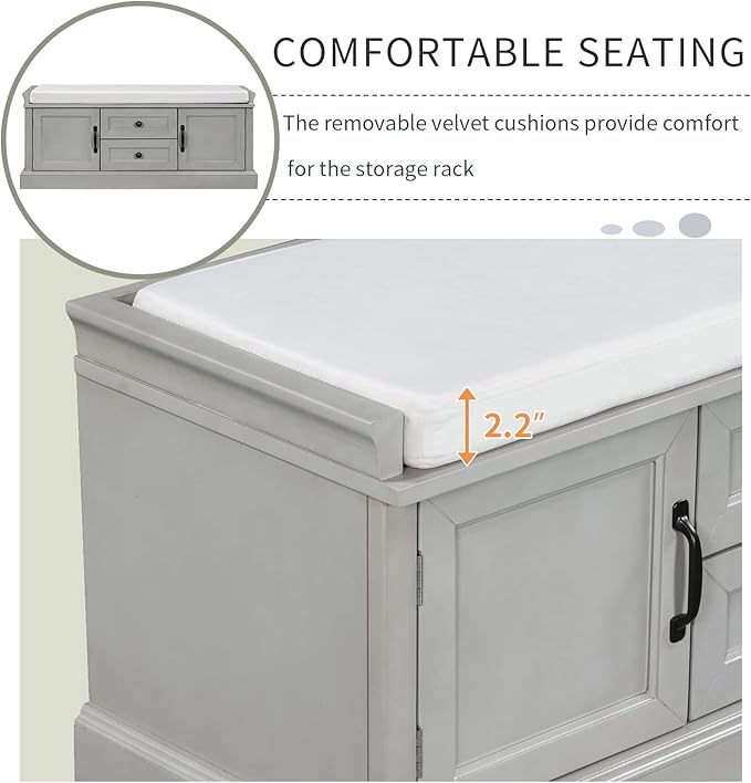 Entryway Storage Bench with Drawers & Cabinets — Cushioned Shoe Storage Bench for Hallway, Mudroom, or Living Room, Solid Wood Frame (Gray Wash)