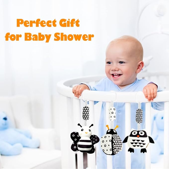KAKIBLIN Baby Hanging Toy,3 Pack Black and White Baby Toys for 3 6 9 12 Months, High Contrast Hanging Toys,Plush Soft Stroller Rattles Toy for Boys and Girls(21CM, Ladybug,Bee & Owl)