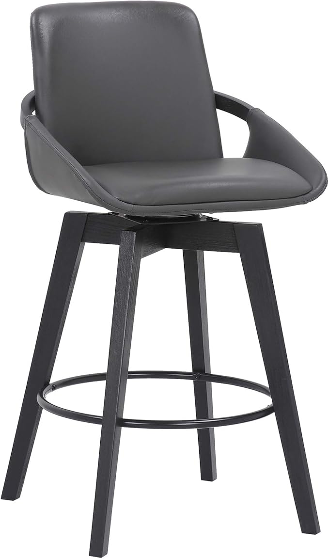Armen Living Baylor Mid Century Modern Swivel Bar Stool for Kitchen Island Counter in Gray Faux Leather and Black Wood, 26" Seat Height
