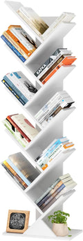 10 Tier Tree Book Shelf, Floor Standing Wood Bookshelf for Narrow Space, Storage Organizer Bookshelves for Books/CDs/Magazine, Bookcase with Shelves for Home Office, Living Room - White
