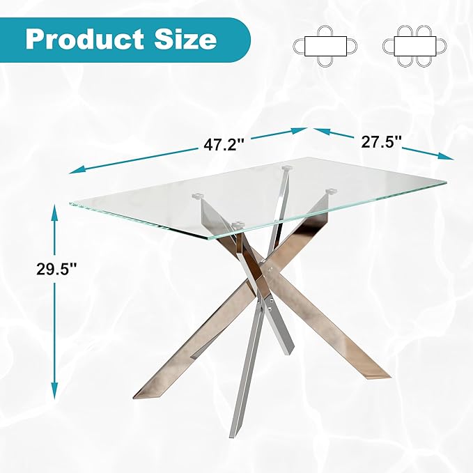 Dining Table for 4 Modern 47.2" Rectangular Glass Dining Table Kitchen & Dining Room Tables with Metal Base for Dining Room and Apartment, Silver
