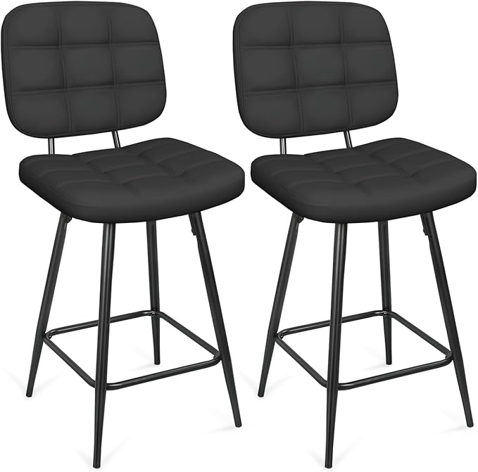 Bar Stools Set of 2, 24 Inch Upholstered Metal Barstool with Back and Footrest, Bar Chair with Metal Base for Dining Room Counter Island, Black