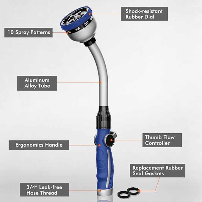 RESTMO Watering Wand Heavy Duty, Metal Garden Hose Wand with 10 Spray Patterns, 15-Inch Long Hose Nozzle Sprayer with Thumb Flow Control, Ideal to Water Hanging Baskets and Shrubs, Blue