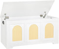 DINZI LVJ Storage Chest, 39.4" Rattan-Like Storage Box with 2 Safety Hinges, Wooden Entryway Shoe Bench with Flip-Top, Trunk for Living Room, Bedroom, Easy Assembly, White and Natural