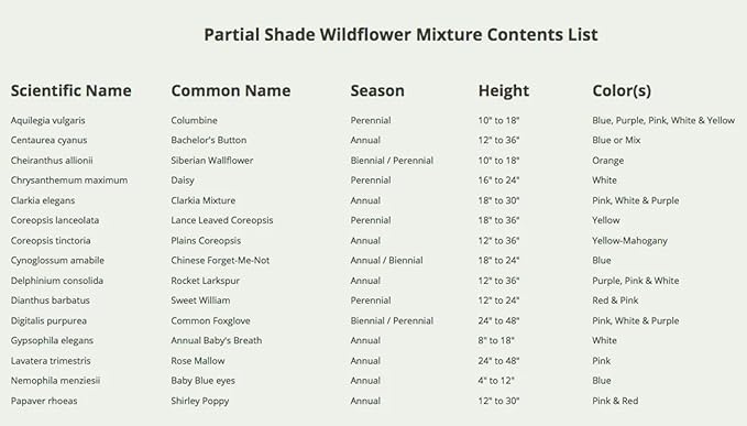 Seed Needs Partial Shade Wildflower Seed Mix for Planting | 10 Packs (1 Ounce Each) 14+ Varieties Open Pollinated Annual & Perennial Species | Flower Seeds Shade Tolerant | Bulk