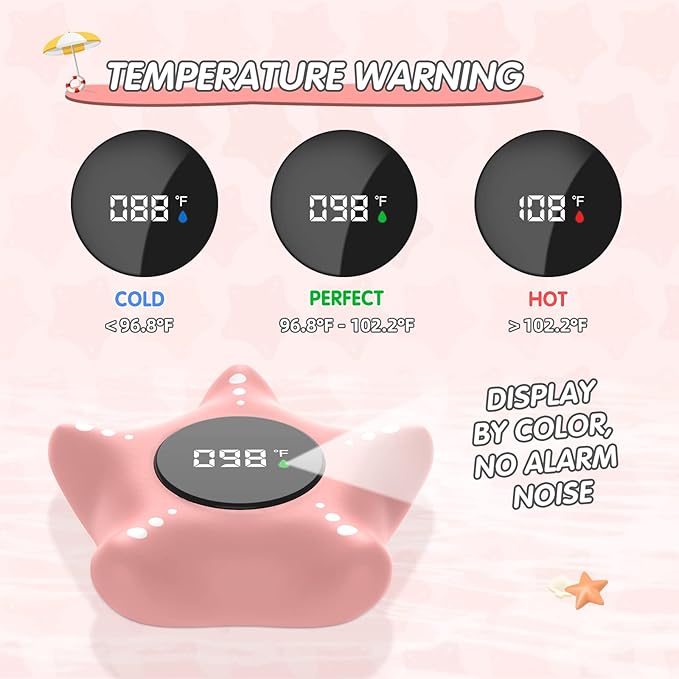 Baby Bath Thermometer Safety, Auto On & Off Bathtub Thermometer Floating Toy, Digital Bathing Water Temperature Warning, Pink Sea Star Shape