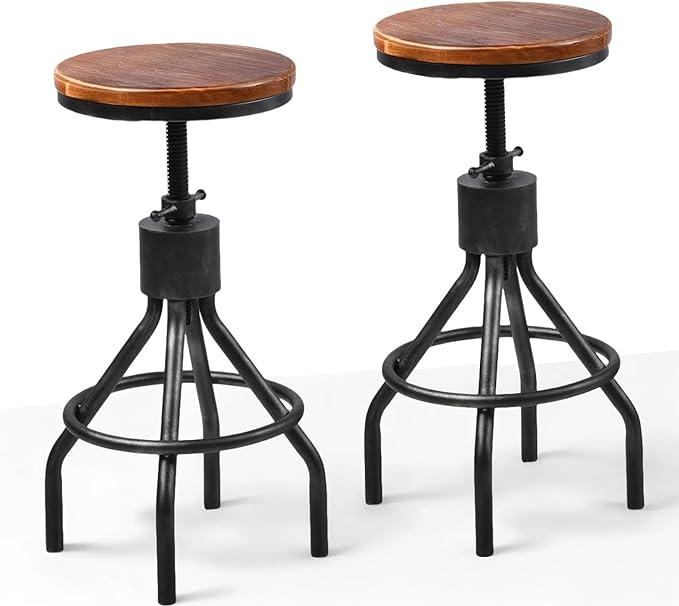 Set of 2 Industrial Bar Stool-Vintage Counter Dining Chair-Swivel Stools-Tall Height Adjustable 22-33"