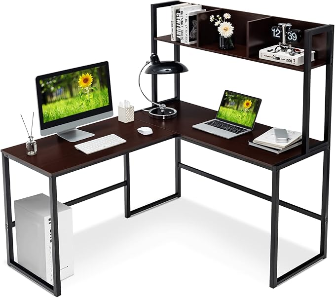 Tangkula Reversible L-Shaped Desk with Hutch, Space Saving Corner Computer Desk with Storage Shelves, Home Office Study Writing Desk Computer Workstation with Storage Bookshelf, Gaming Desk