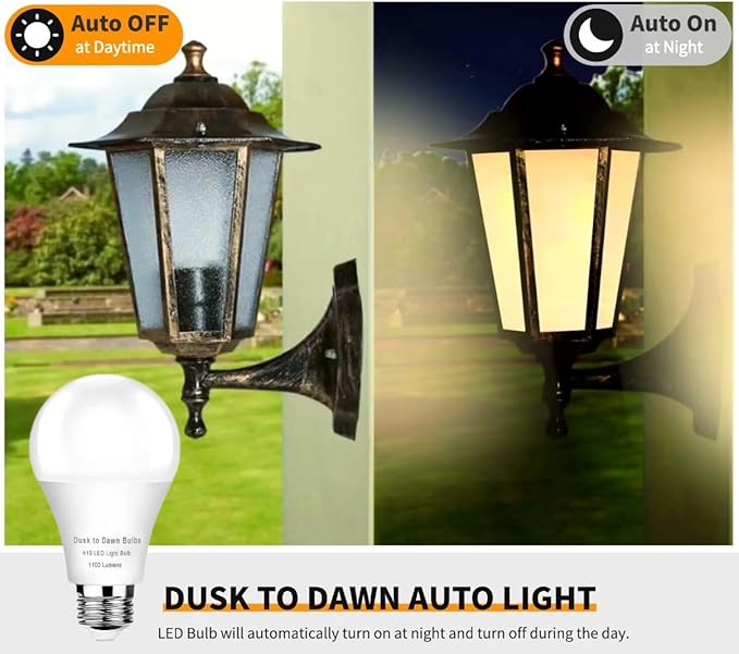 GEPLAD 12-Pack Dusk to Dawn A19 LED Light Bulb Outdoor - 1100LM Bright, 2700K Warm White, Auto On/Off with Lighting Sensor, Equivalent to 75W Incandescent Bulb