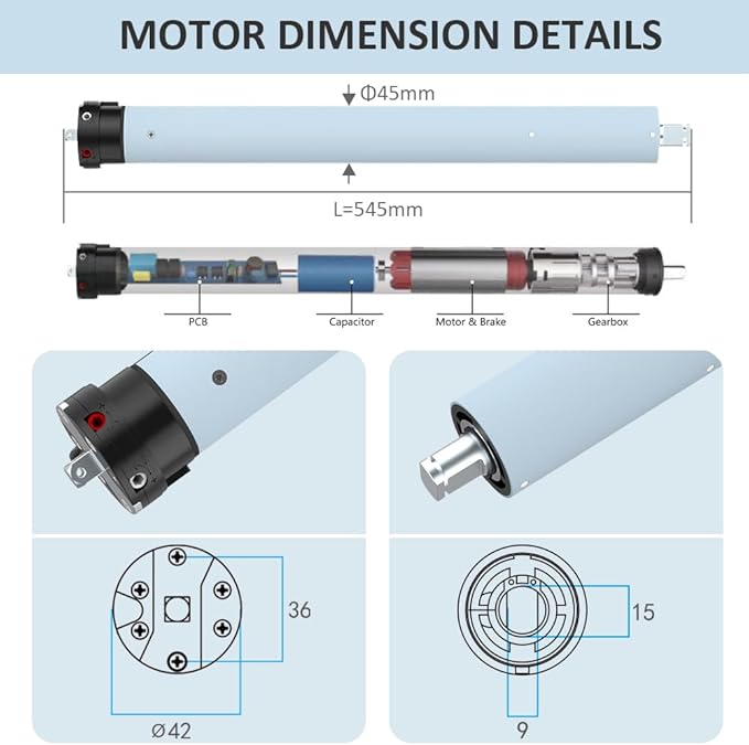 DC24V Motorized Remote Control Roller Shade Motor Kit, 45mm Brushless Electric Blind Motor for Outdoor Awning & Windproof Shades, Heavy Duty Automation (20 N.m for Φ63mm（2-1/2"") Groove Tube