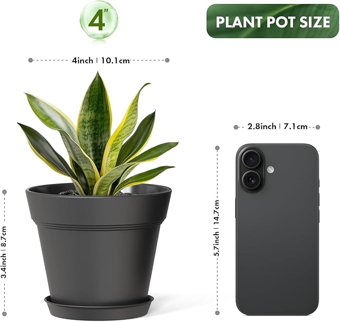 4 Inch Plastic Plant Pots with Drainage Holes and Trays – 8 Pack Small Nursery Pots for Indoor & Outdoor House Plants and Flowers, Seedling Starter Planters, Matte Black