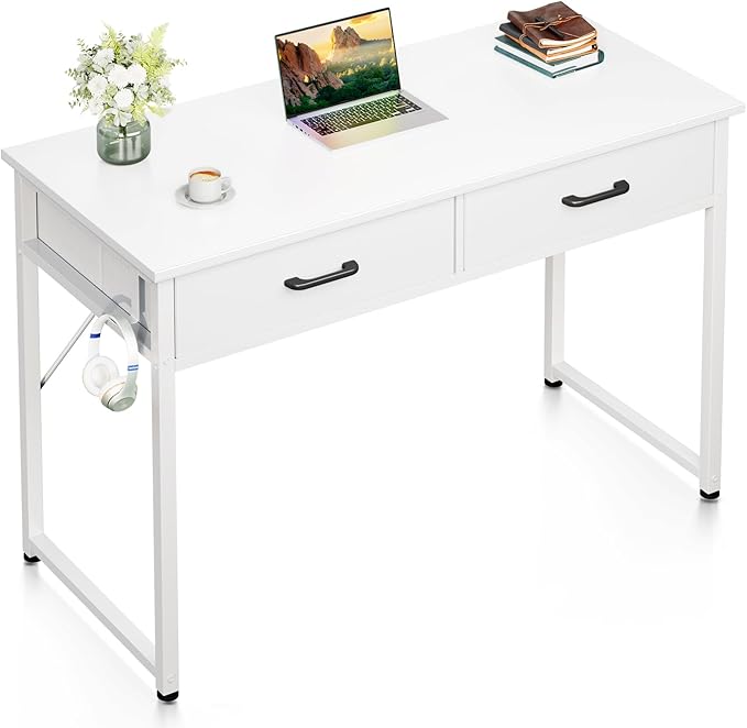 Casaottima 40 Inch Small Office Computer Desk with 2 Drawers & Headphone Hook - Compact Writing Desk for Home Office, Study or Work, Modern Space-Saving Design for Small Spaces, White