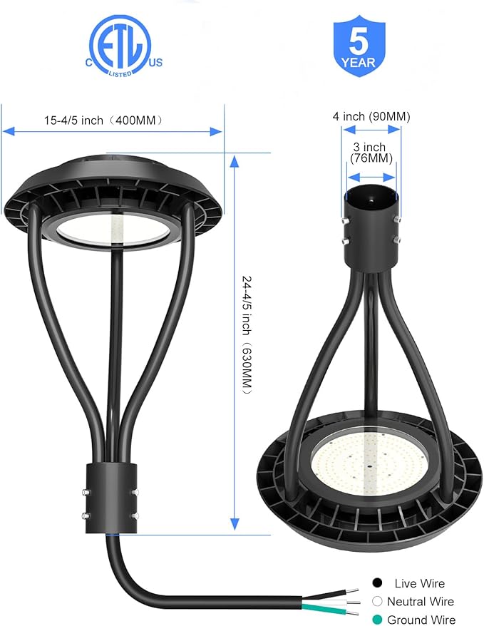 KUKUPPO 150W LED Post Top Light ETL Listed 21000Lm Adjustable 3000K/4000K/5000K, Adjustable Wattage 150W/120W/90W Outdoor Pole Light Fixture with Photocell IP65 Waterproof 100-277V
