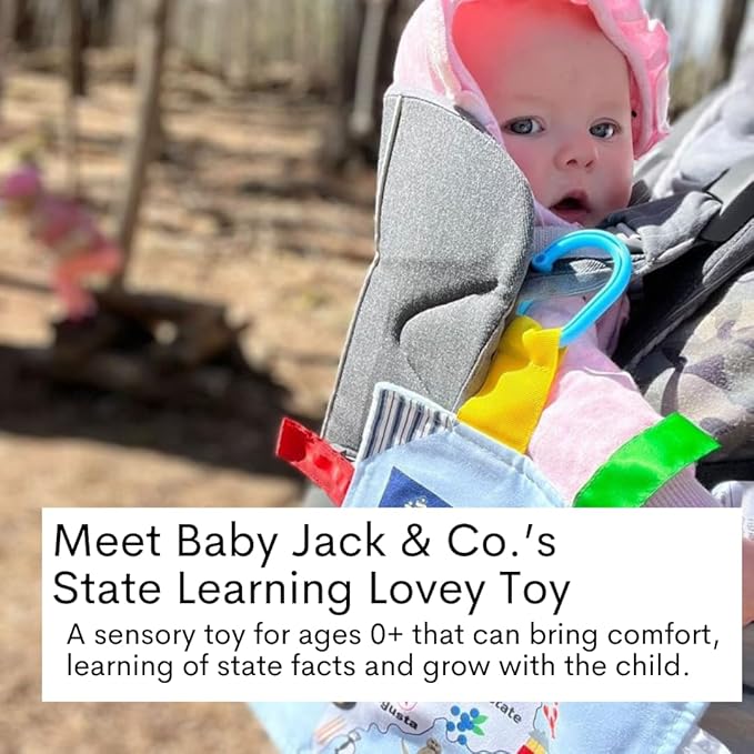 Baby Jack & Co 8x8” Learning Lovey New Hampshire State Tag Stroller Toy for Babies - Crinkle Toys for Developing Five Senses - Learn About Capitals - Travel with Baby Jack - BPA Free Clip