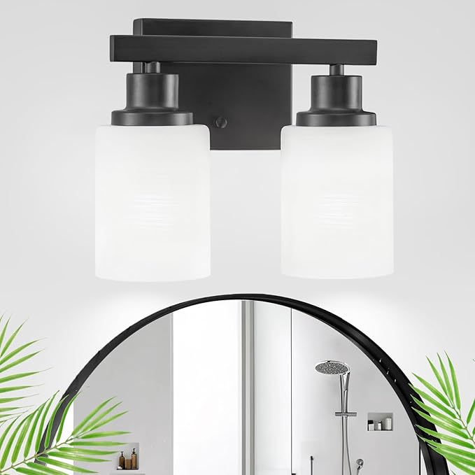 Bathroom Light Fixtures Over Mirror, 2-Light Modern Matte Black Vanity Lights with White Frosted Glass Shade, Bathroom Wall Lamp Sconces for Mirror Bedroom, Living Room Hallway Small Space