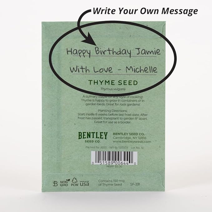 It's Birthday Thyme - Thyme Seed Packets - 25 Packets - Herb Seeds - Garden Seed to Grow Live Plants - A Beautiful Valentines Gift - Bentley Seed Co.
