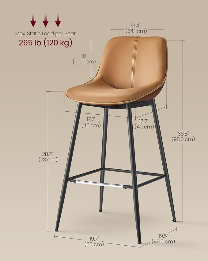 VASAGLE Bar Stools Set of 2, Bar Height Bar Stools with Back, Ergonomic Backrest, Synthetic Leather, Metal Legs, 28.7-Inch Tall Barstools for Kitchen Island Home Bar, Easy Assembly, Caramel Brown