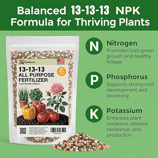 Gardenera 13-13-13 Slow Release Granular Fertilizer – All Purpose Plant Food 13 13 13 for Outdoor Grass, Vegetables, Roses, Flowers, Shrubs, Trees. Lawns, Gardens, Potted Plants (2 Quarts)