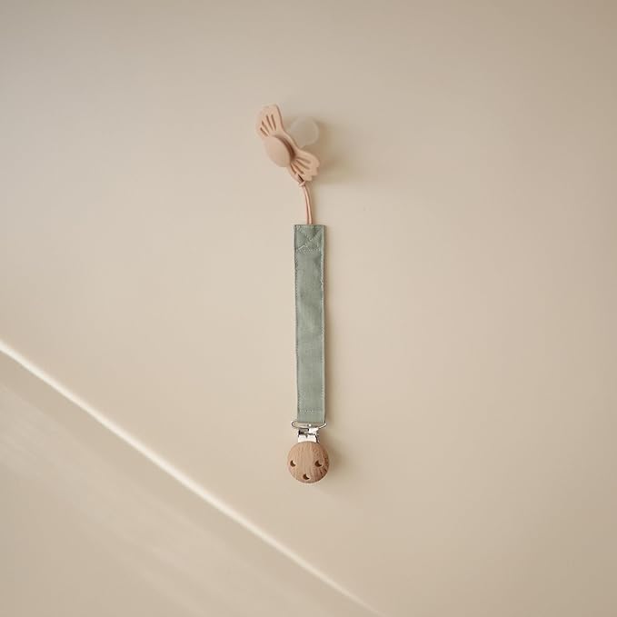 mushie Linen Baby Pacifier Clip Holder | Soft Fabric Strap, 2-Pack (Olive/Shifting Sand)