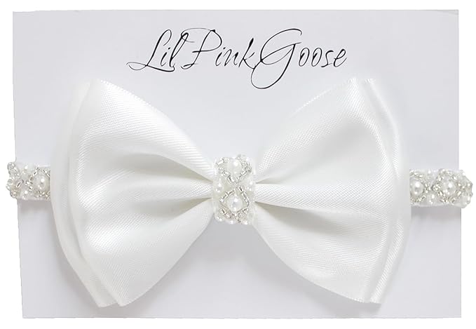 0-12 Newborn Baby Baptism Pearl Headband or Clip with Bow in WHITE Christening Headband with Satin Bow, Pearl Rhinestone Band (Off White(1 Year&up), 1 Count (Pack of 1))
