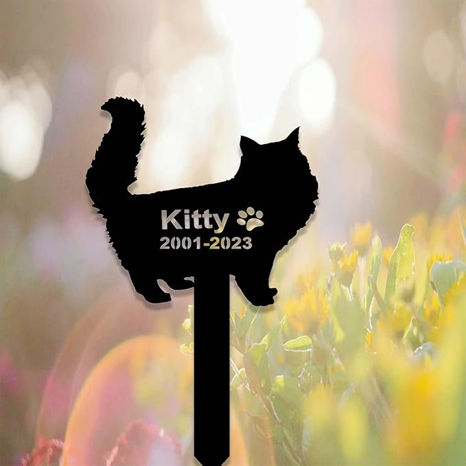 Custom Fluffy Cat Memorial Stake Sign Metal Long Hair Cat Grave Marker Cat Garden Decor Personalized Cat Name Remembrance Yard Stake Pet in Heaven Loss of Cat Sympathy Gift