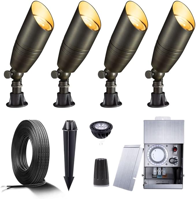 Gardenreet Brass Landscape Lighting Kit (4 Pack LED Spotlights) with 75W Low Voltage Transformer and Mechanical Timer and 100 Feet Cable and 20 Pack Wire Connectors for Outdoor Garden Patio