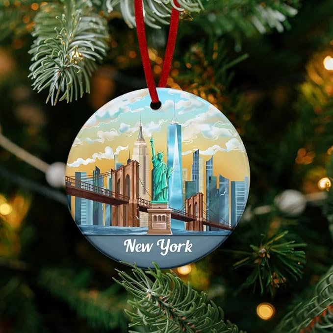 FLAGWIX New York Christmas Ornament 2025 - Ceramic Ornaments for Tree Decorations - Christmas Decortions Indoor, New York Gifts for Men Women, Statue of Liberty Ornament Gifts for Women Family Friends