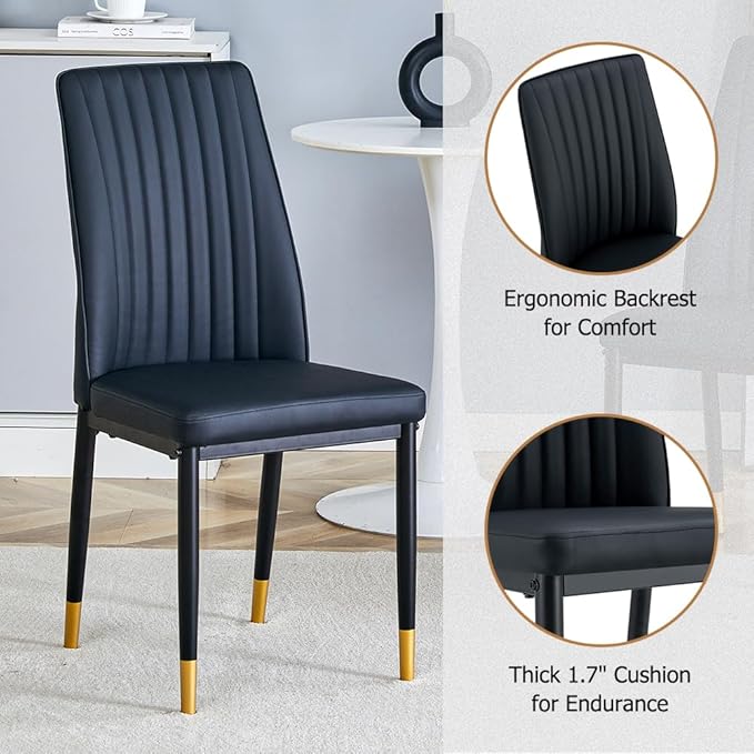 Modern Dining Table Set for 6, Marble Kitchen Table Chair Set for 6, Rectangular Kitchen Table with 6 Pu Leather Upholstered Chair for Dining Room (Black)