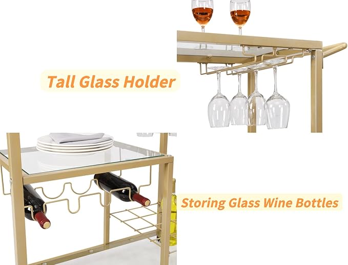 Rolling Bar Carts Gold with Wheels,Home Bar Serving Cart with Glass Wine Holders 3 Tier for Kitchen Home, Party,Dining Room
