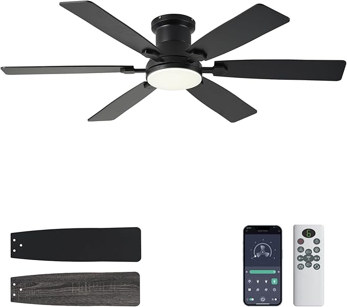 52inch Low Profile Ceiling Fan with Light and Remote/APP Control, LED Dimmable DC ReversibleModern, Flush Mount,6 Blade,Black Ceiling Fan for Bedroom Living Room/Outdoor Use