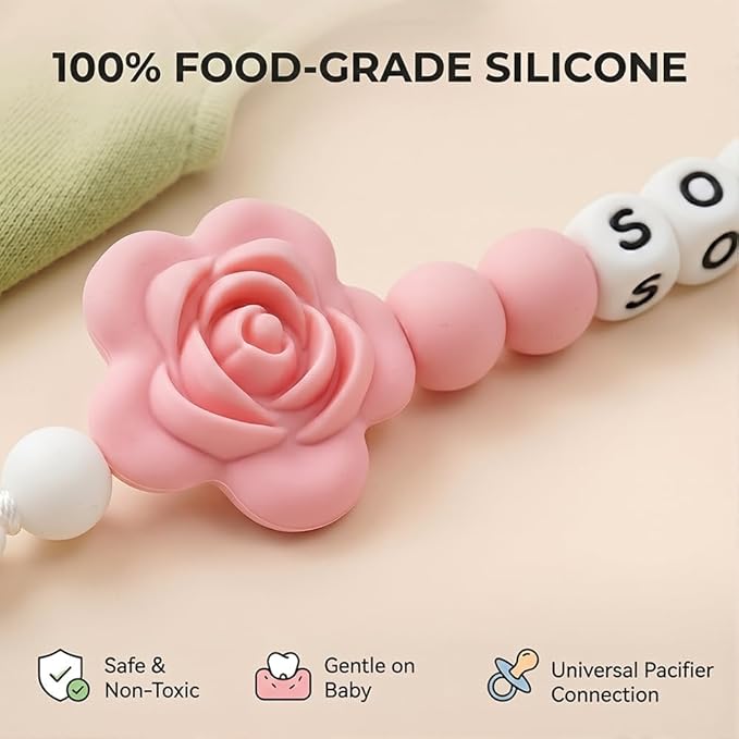 Silicone Pacifier Clip with Flower Bow for Baby Handmade Pacifier Holder Fits All Pacifiers