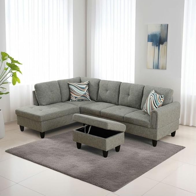 Grey-2 L-Shaped 3-Piece Linen Sofa with Storage Ottoman Set, Sectional Couch Sofa Set for Living Room, Office, Small Space