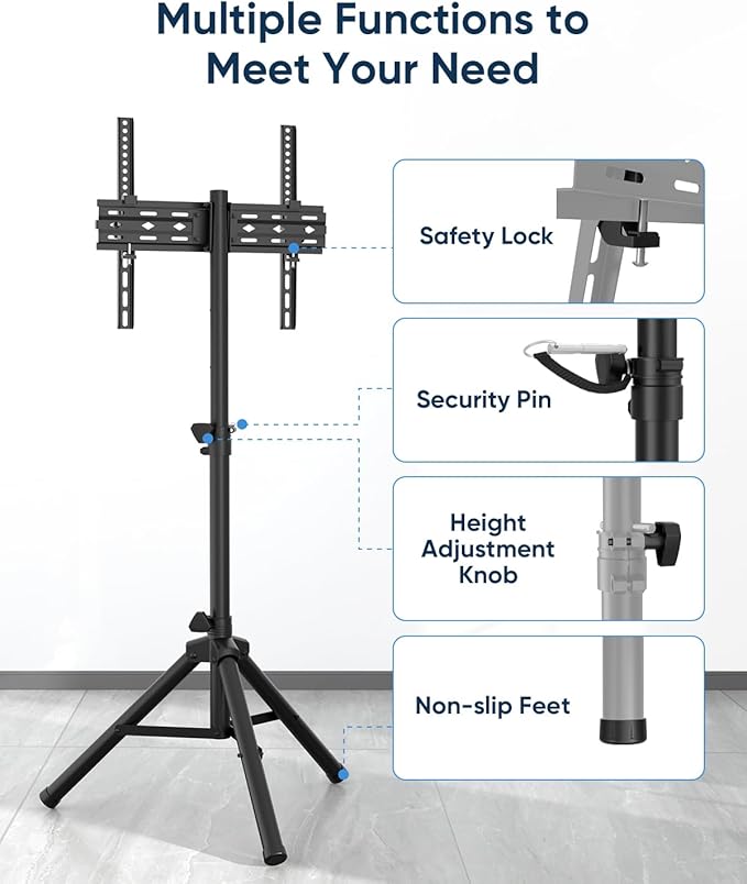 FORGING MOUNT Tripod Portable Floor TV Stand,Foldable Stand Height Adjustable for Portable Display Floor TV Stand 26-65" Flat Screen/Curved TVs, Holds Up to 77lbs