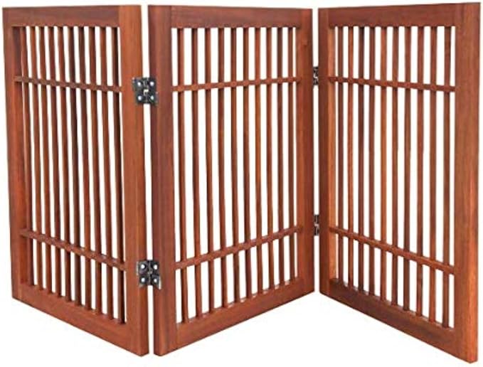 Pet Dog Gate Strong and Durable Freestanding Folding Acacia Hardwood Portable Wooden Fence Indoors or Outdoors by Urnporium (Brown Pet Gate, 3 Panel 24" Tall)