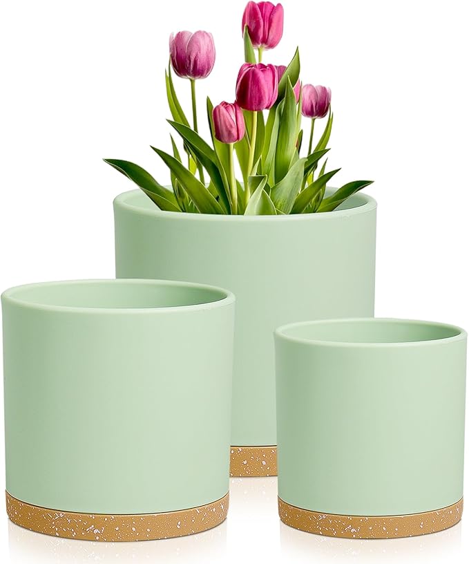 8/7/6 inch Plant Pots, 3 Pack Cylinder Flower Pots for Outdoor Indoor Plants, Decorative Plastic Planters with Drainage Holes and Saucers for Garden House Plants, Green with Brown