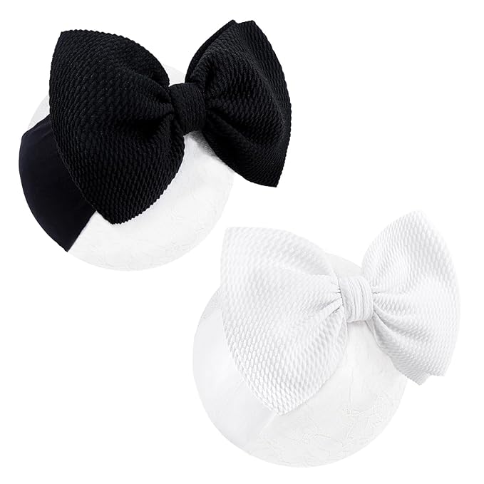 YanJie Baby Girl Bow Headbands - Black, White Nylon Hair Bows for Infants and Toddlers 0-6 Months