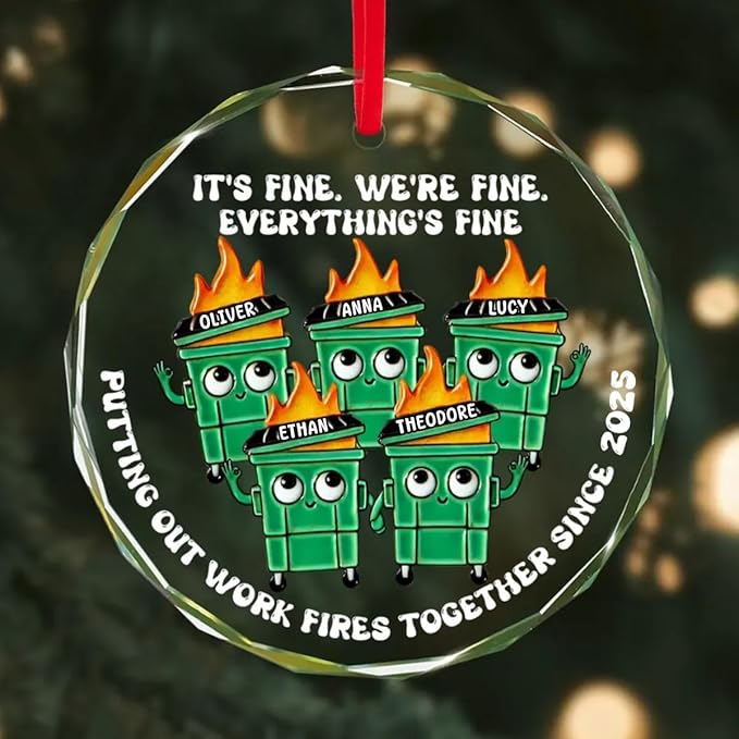 NAZENTI Personalized Fire Response Team Glass Ornament, Custom Flaming Dumpster Holiday Piece, Coworker Christmas Tree Hanging Decoration