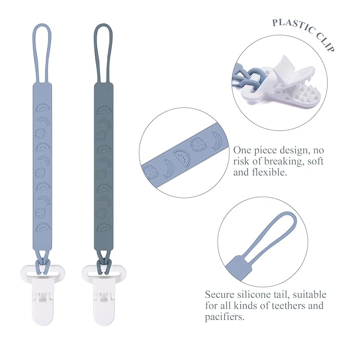 One Piece Design Silicone Pacifier Clip Holder for Baby Boys and Girls,Pack of 4 Flexible Paci Leash,Binky Clips,Newborn Essentials (Fruits, Gray)
