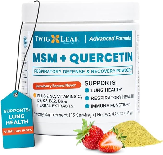 Twig & Leaf MSM + Quercetin Powder with Vitamin C & Zinc (Strawberry Banana) - Immune System Support Supplement for Respiratory Health & Lung Function - Natural Defense & Recovery Complex - 4.76 oz