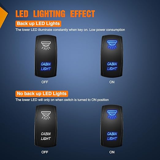 Nilight Cabin Light Rocker Switch Led Bar 5 Pin Laser On Off SPST Switches 20A/12V 10A/24V Blue with Jumper Wires Set for Cars Trucks Boats ATVs UTVs RVs